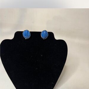 Vintage Goldtone Marbled Blue Plastic Inset Clip On Earrings
